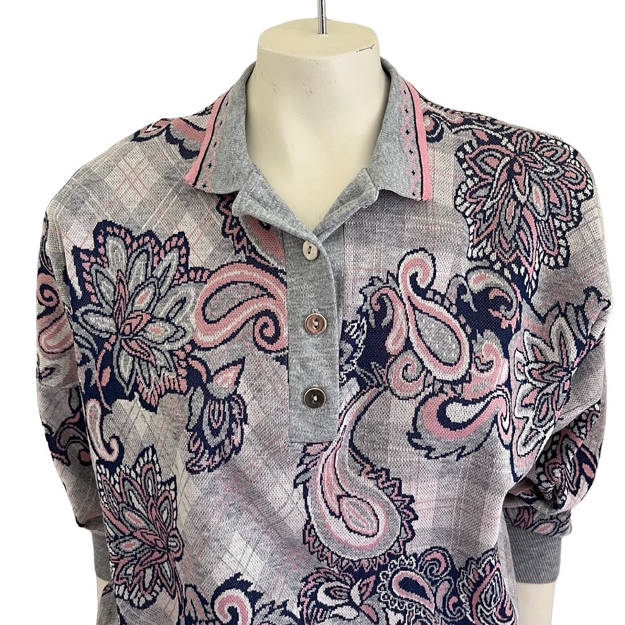 Vtg 70s Orbit Sport Cottagecore Paisley Plaid Retro Polo Sweater Sz 12